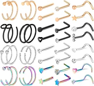 ONESING 35-70 PCS 18G 20G Nose Rings for Women & Men - Gold Hoops, L Shape, Studs & Screw - 316L Surgical Stainless Steel