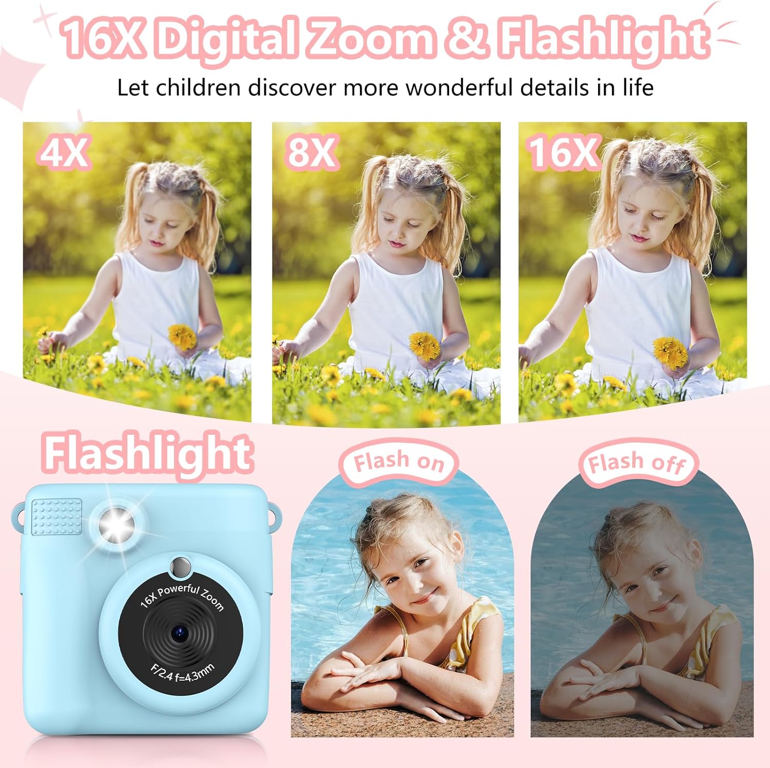 Visual examples of 5 filters, 8 mirror effects, and 18 photo frames available on the RADEKLY Instant Print Camera, showcasing creative options for photos.