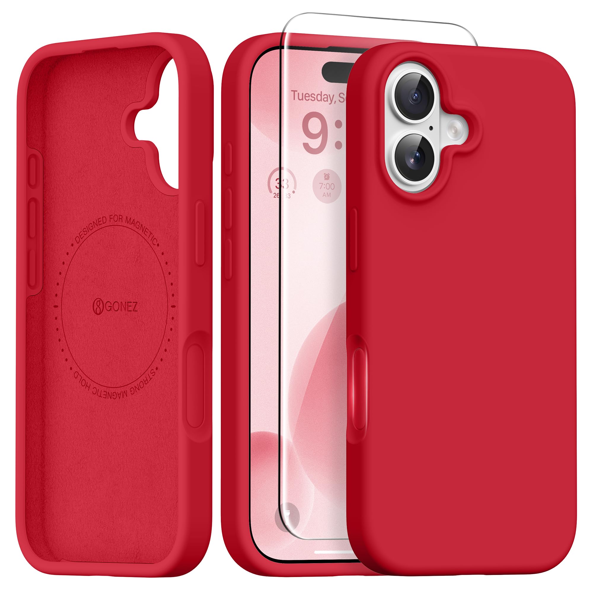 GONEZ Magnetic for iPhone 16 Case, Silicone Cover Red