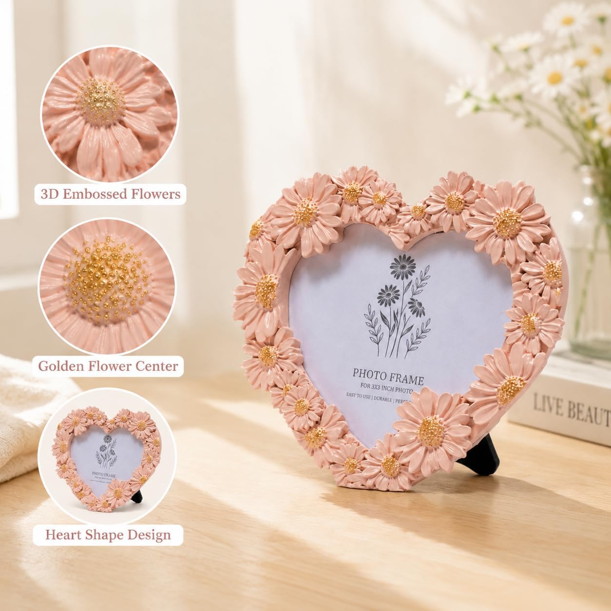 Hodao Daisy Flower Picture Frame, Resin Floral Photo Frame for Tabletop image 2