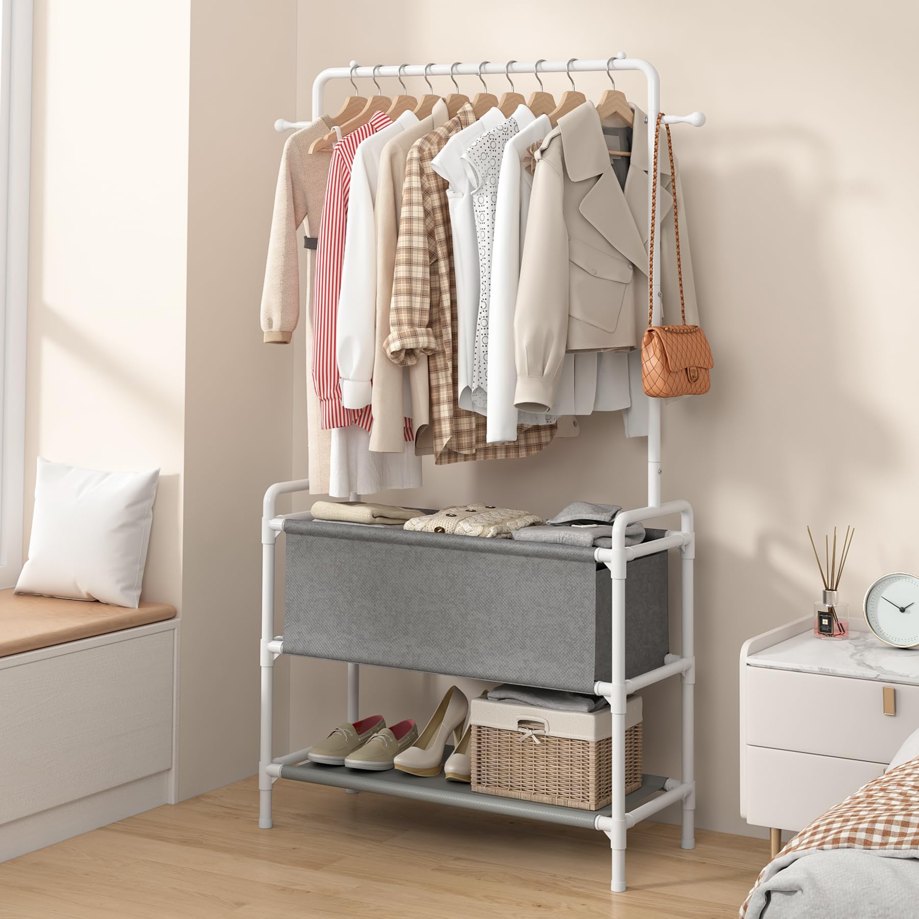 Calmootey Clothing Rack with Storage Bag, 3-in-1 Garment Rack, Non-woven Shelves for Shoes, Clothes Rack for Bedroom, Hallway, Entryway, White&Grey