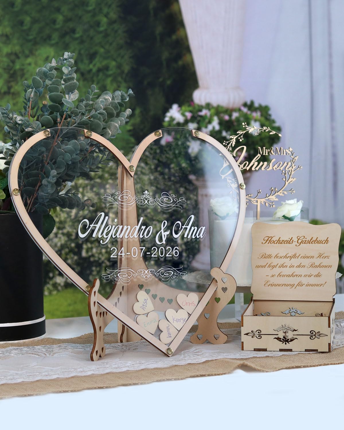 Herz Hochzeit Gästebuch Alternative aus Acryl & Holz - Personalisiert mit Gravur für 30-200 Gäste (13 Designs & 10 Schriftarten wählbar) (Stil 2, Herz)