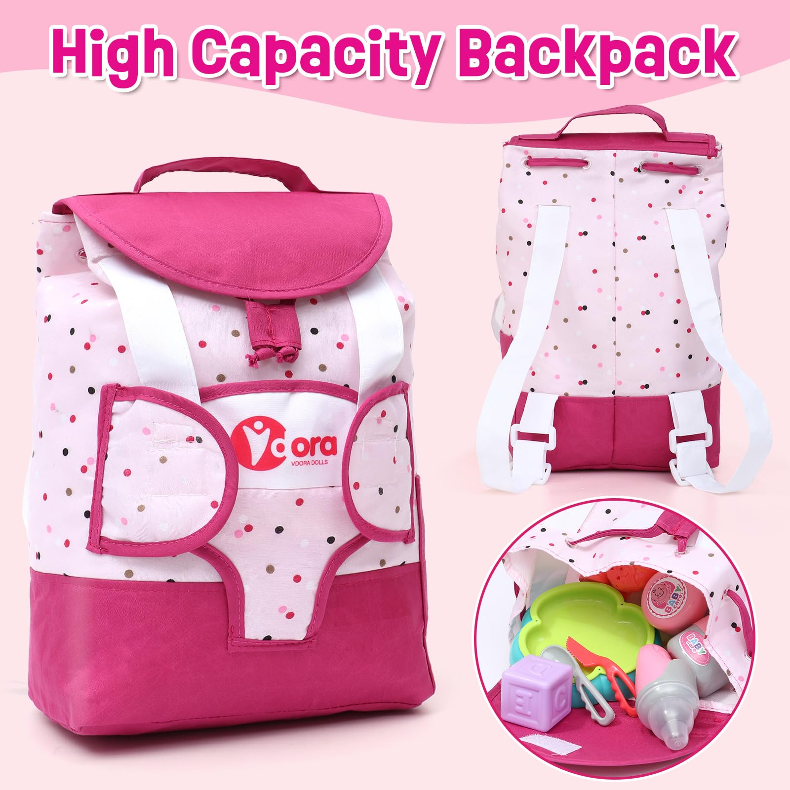 Tacobear Kit Accessoire Bebe pour Poupon, Accessoires Poupon avec Sac à Dos à Langer Biberon Pot Bebe, Ajustement pour 36cm Poupée Anniversaire Cadeau Fille Enfant 2 3 4 5 6 Ans (Poupée Non Inclus)