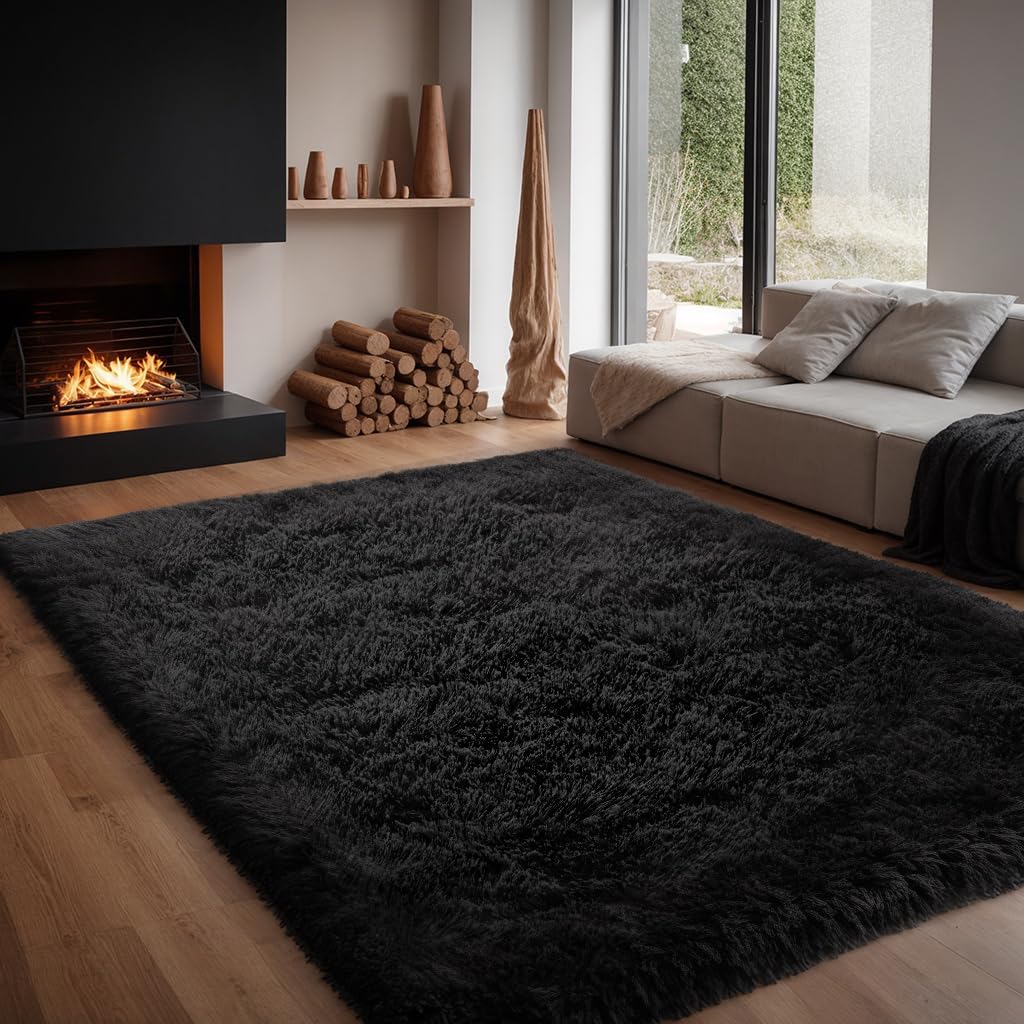 Zentavio Black Area Rugs for Living Room Bedroom 9x12 Large Men Room Carpet Fluffy Furry Shag Aesthetic Plush High Pile Floor Rug for Nursery Kids Room Dorm Home Decor