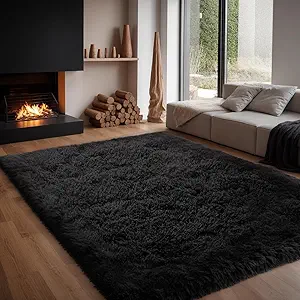 Zentavio Black Area Rugs for Living Room Bedroom 9x12 Large Men Room Carpet Fluffy Furry Shag Aesthetic Plush High Pile Floor Rug for Nursery Kids Room Dorm Home Decor