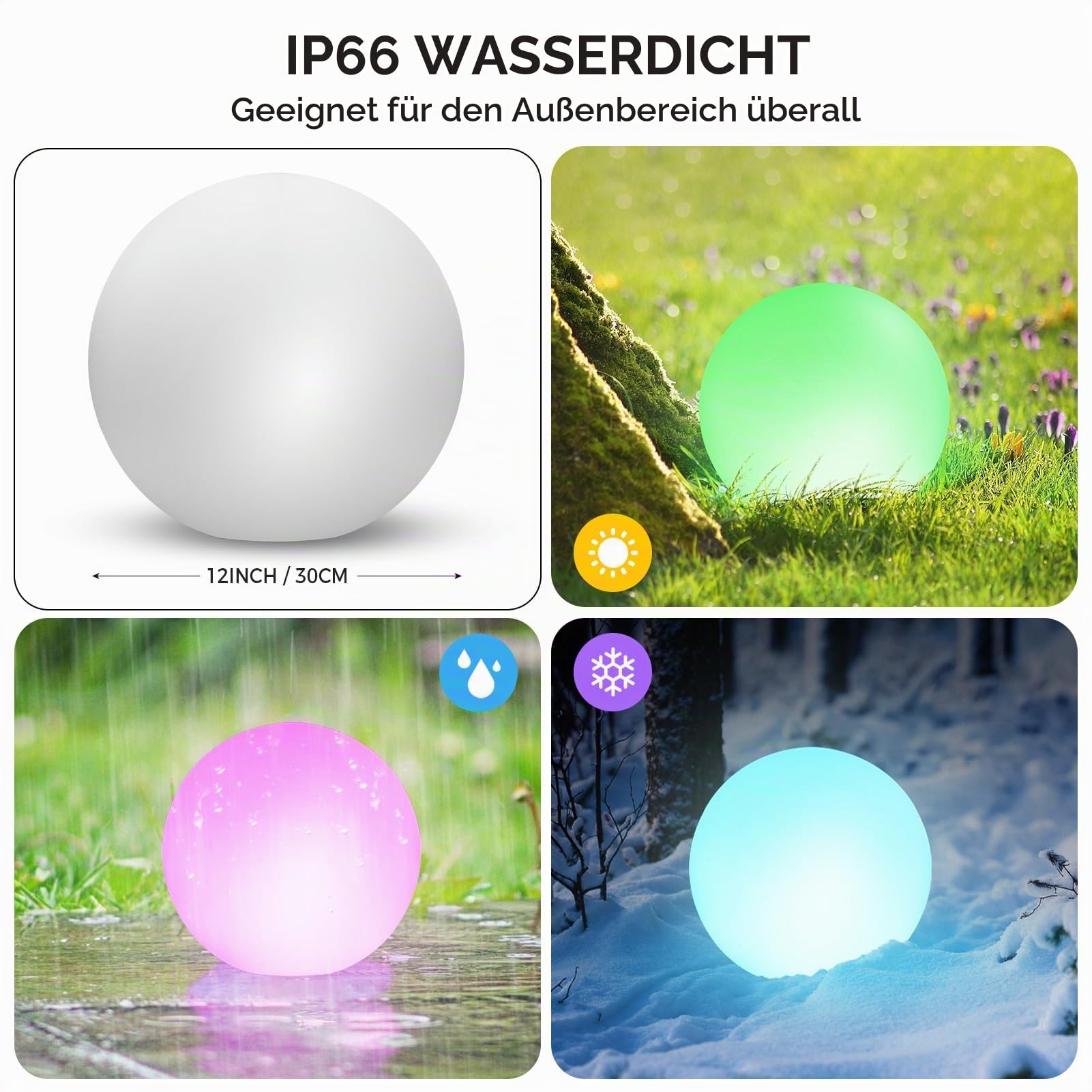 2PCS WRGB LED Solarleuchte für Garden, 30cm Solarlampe Kugelleuchte mit Fernbedienung, 16 Farbwechsel, 1200mAh Type-C Aufladbar Wasserdicht Kugellampe für Teich Balkon Rasen Patio Innen Terrasse IP66