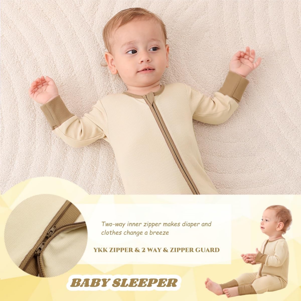 Bafeicao Baby Rayon of Bamboo Pajamas Sleeper with Mitten Cuffs Ribbed 2 Way Zipper Romper Long Sleeve Footless Pjs Sleepers