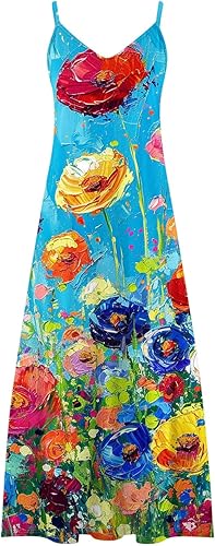 Miniatura 10 de Ceboyel Vestido largo de verano con tirantes delgados florales para mujer, vestido largo de verano con cuello en V, sexy, bohemio, ropa de playa de