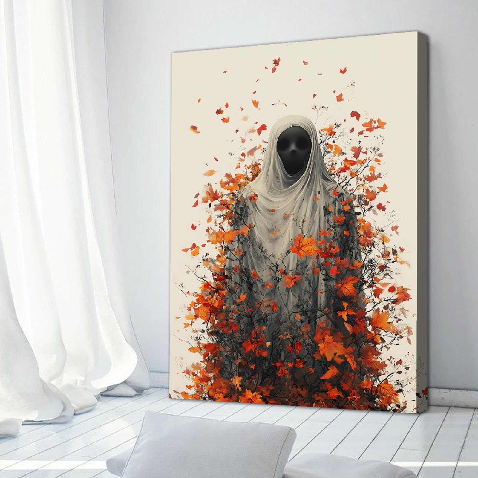 Via Vela horreur décor style impression sur toile art mural abstrait nature sauvage orange feuilles d’érable et mystérieux fantôme affiche peinture pour café décor 60x90cm cadre intérieur