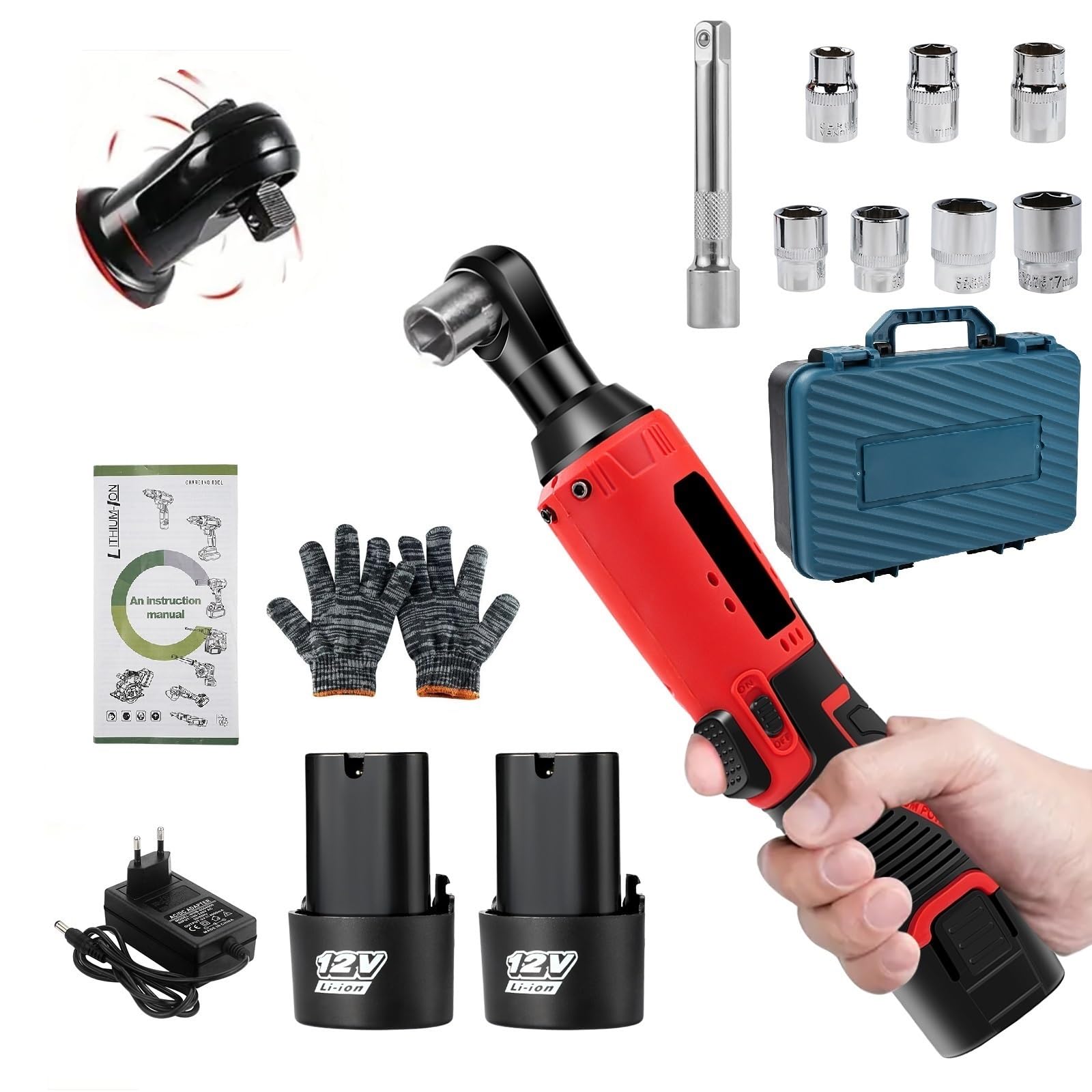 Llave de Trinquete Eléctrica Inalámbrica 3/8", 12V 35N.m 320RPM Carraca Electrica, Bateria 2 X 1,5Ah con 7 Enchufes, Atornillador de Impacto Carga Rápida para Reparación de Auto