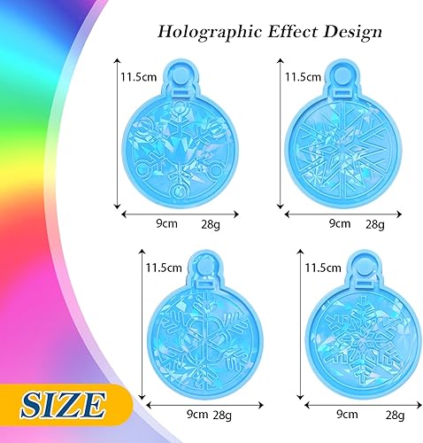Miniatura 7 de DoreenBow 4 moldes de resina holográfica de Navidad, copos de nieve, adornos de Navidad redondos para resina epoxi para bricolaje, llavero,