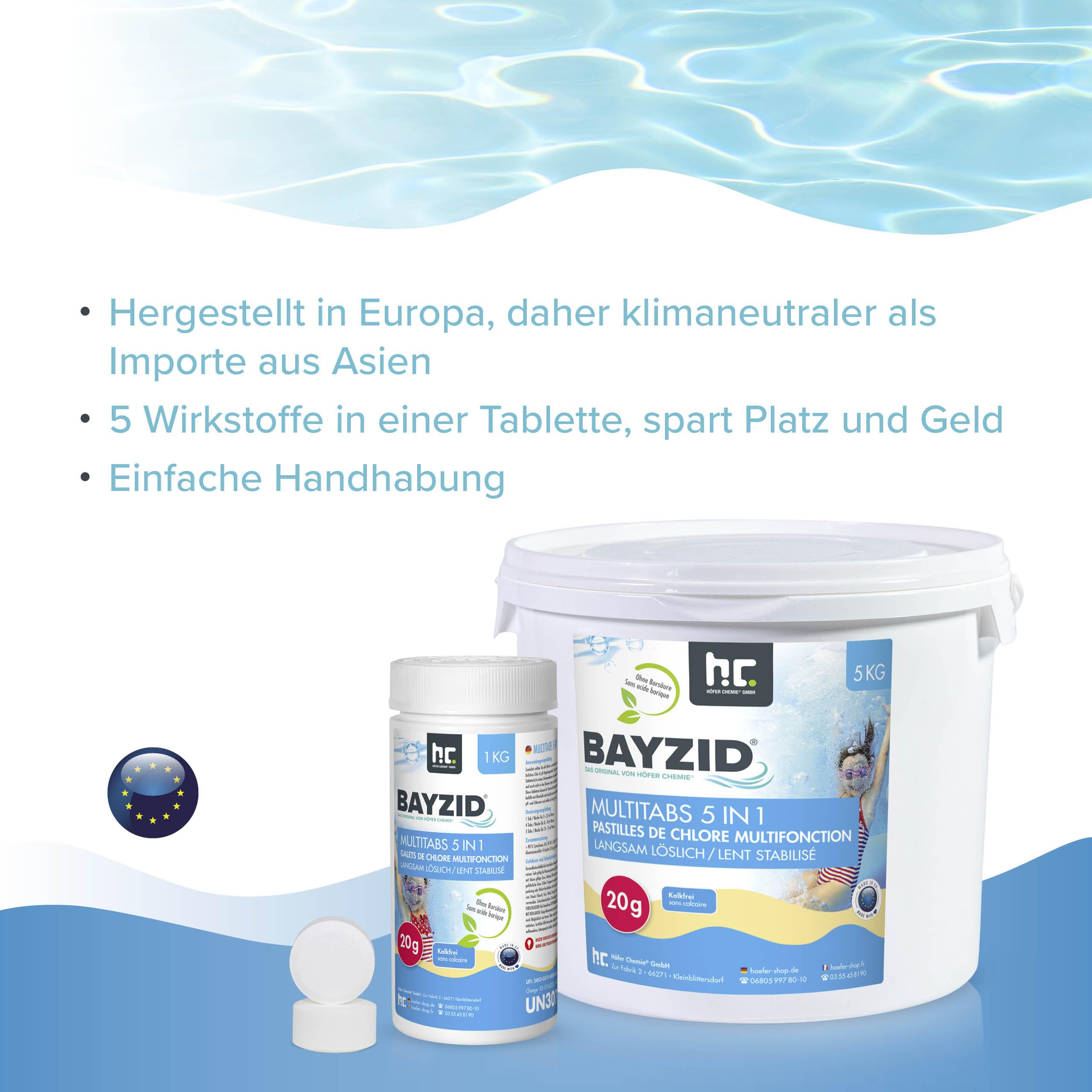 Höfer Chemie 5 in 1 Multitabs Pool 20g - 5kg - Chlortabletten für Pool 20g - 5-Phasen Pflege & Reinigung - Made in Europe - Für kristallklares Poolwasser