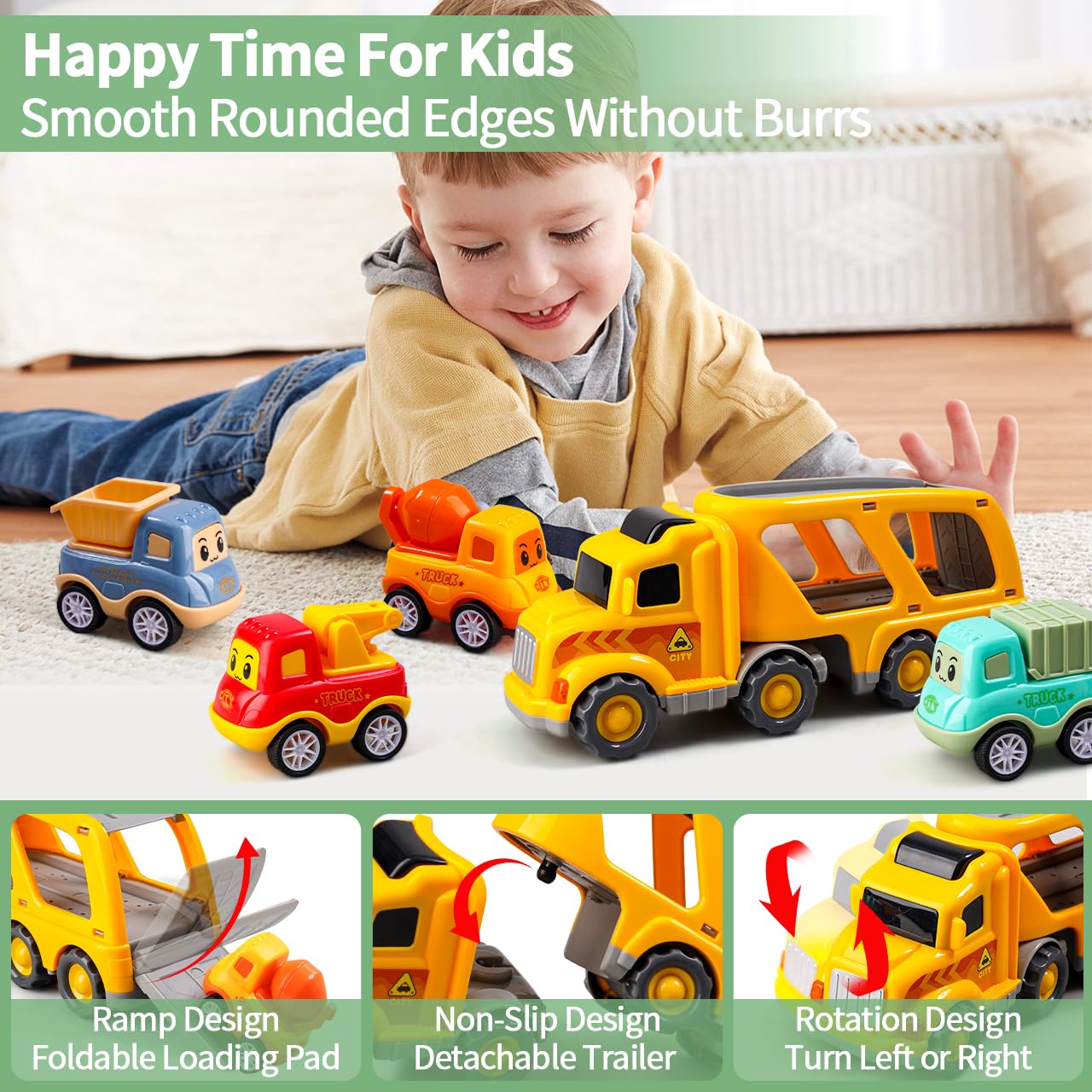 Jouets Camion 5-en-1 pour Enfants de 1 2 3 4 Ans, Transporteur à Friction avec 4 véhicules de Construction, Jeu de véhicules pour Garçons et Filles avec Lumières et Sons | 5-en-1 véhicules de Construction avec Lumières et Sons, Jouet de 1 2 3 4 Ans pour G