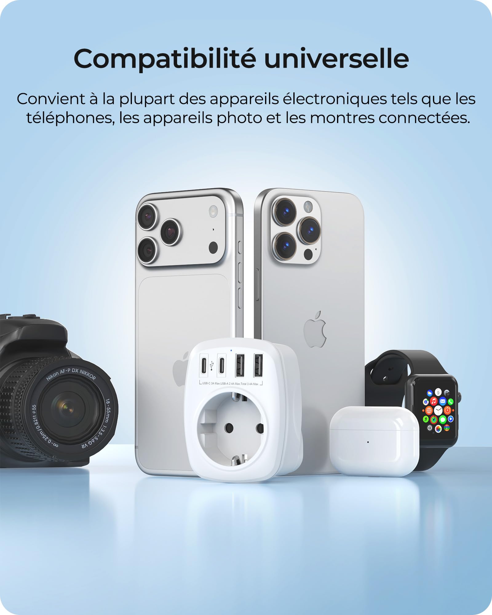 LENCENT Adaptateur Prise Anglaise UK Voyage 2 USB 2 Type-C FR vers GB 3 Broches Type G