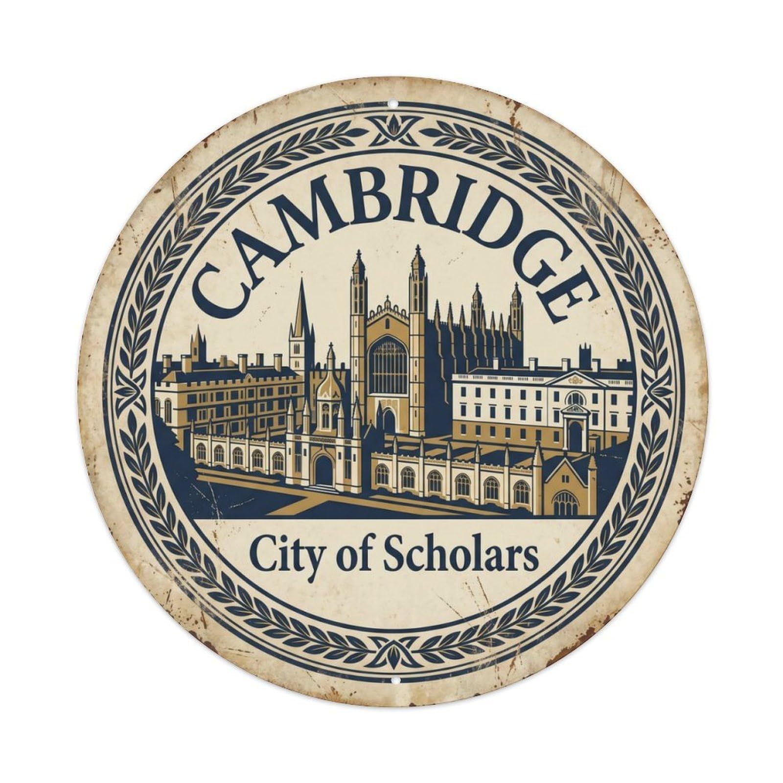 Vintage Travel Cambridge University Architecture Metal Tin Sign Plaque Wall Decor for Cafe, Club Bar, Office, Home Garden Round Metal Poster 8x8Inch