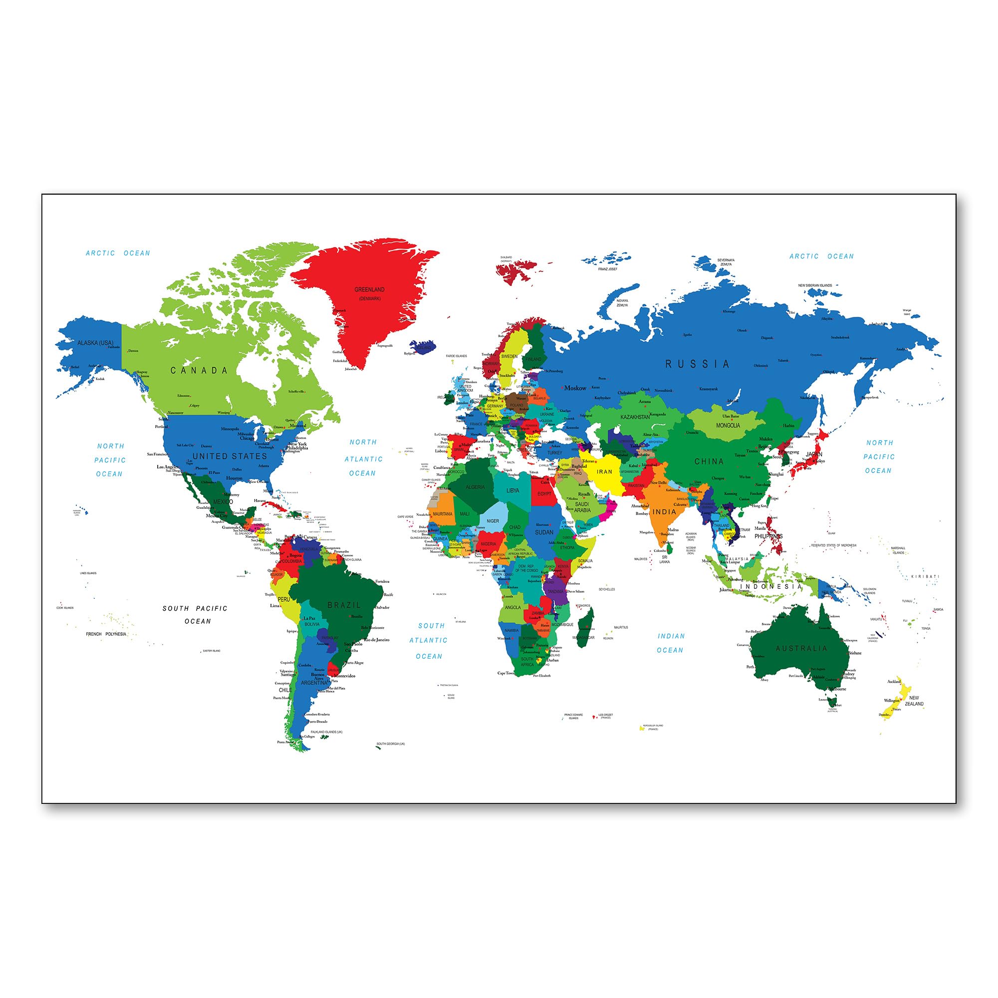 Postereck - 0666 - Politische Weltkarte, Land Hauptstadt Kontinent - Unterricht Klassenzimmer Schule Wandposter Fotoposter Bilder Wandbild Wandbilder - Leinwand - 100,0 cm x 75,0 cm