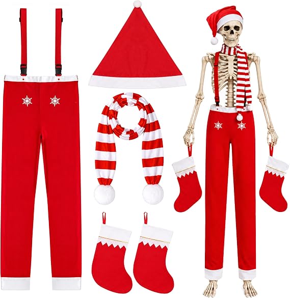 4Pcs 12ft Skeleton Christmas Costume Set, Red Skeleton Christmas Outfits