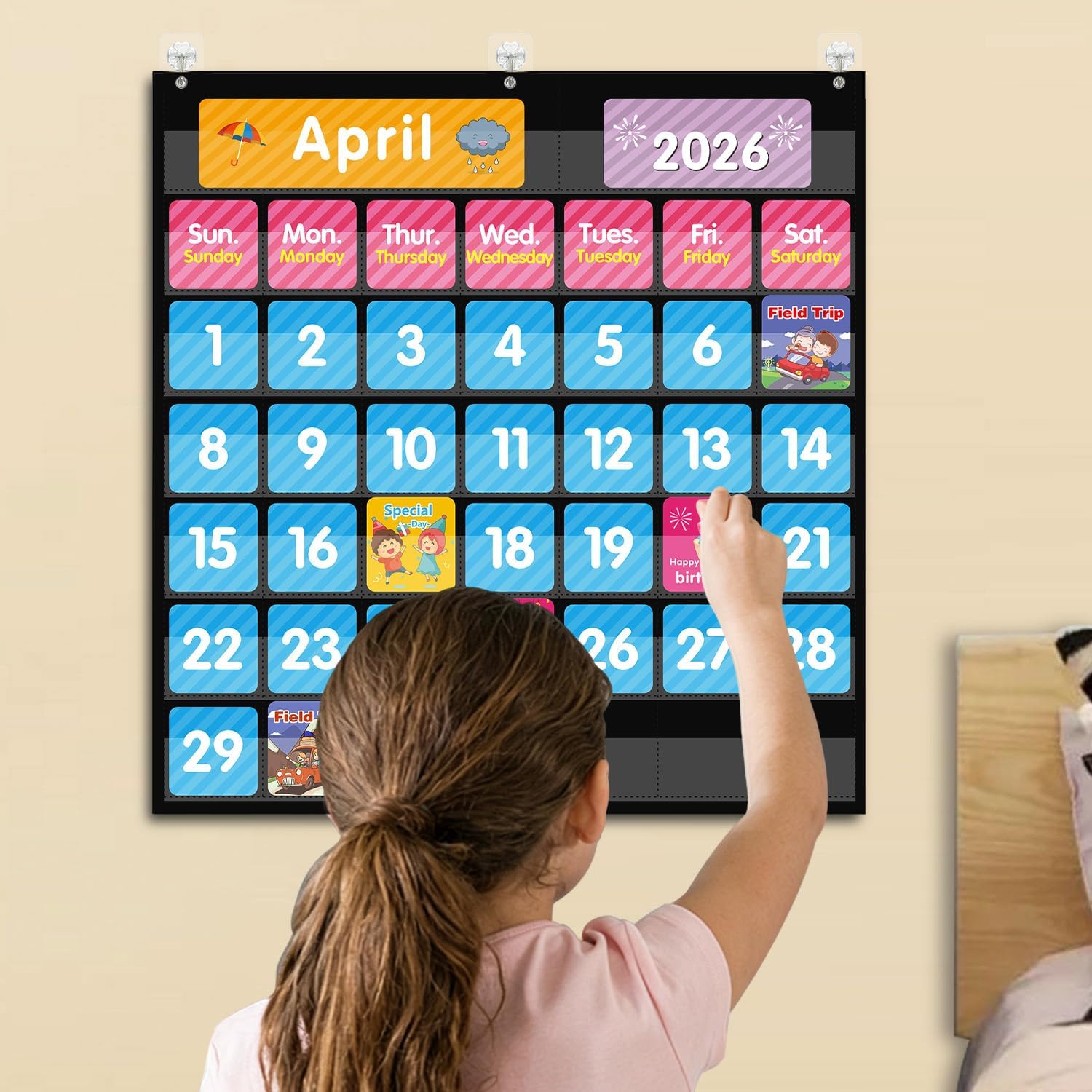 REGELETO Large 44 Pockets Calendar Pocket Chart for Classroom with 85 Cards, Size:25” X 24” Monthly Calendar and Weather Black Pocket Chart for Students Learning for Home or School (44 Pockets) image 4