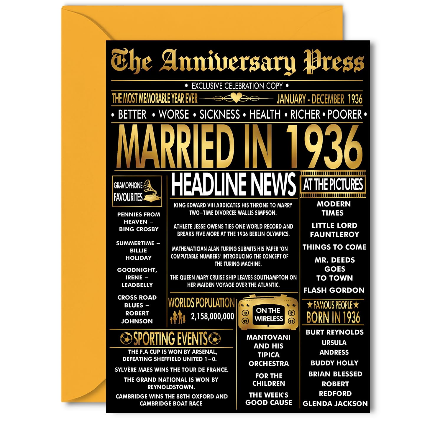 Gold 90th Anniversary Card for Women Men - Golden Newspaper Married in 1936-90 Year Wedding Anniversary Card for Partner Wife Companion Husband, 5x7 Inch Anniversaries Greeting Cards
