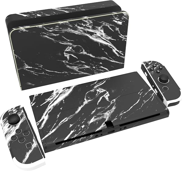 playvital Adesivo Skin Protettiva per Nintendo Switch OLED, Decal Sticker Vinile Compatibile con Joycon&Console&Dock&Grip, Marmo Nero Moderno - 1