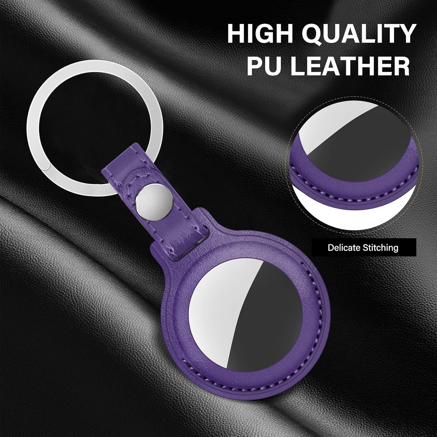 FYY for AirTag Keychain, (1 Pack) Lightweight Luxury PU Leather AirTags Protective Holder Case with Key Ring, Portable Anti-Scratch Anti-Lost Skin Cover for AirTag Finder Tracker Purple