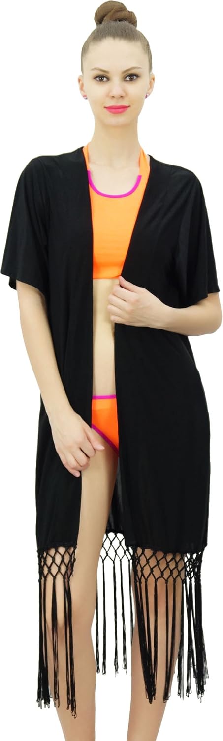 Bimba Women Kimono Solid Shrug with Long Fringes Exclusive Tassel Cover-Up