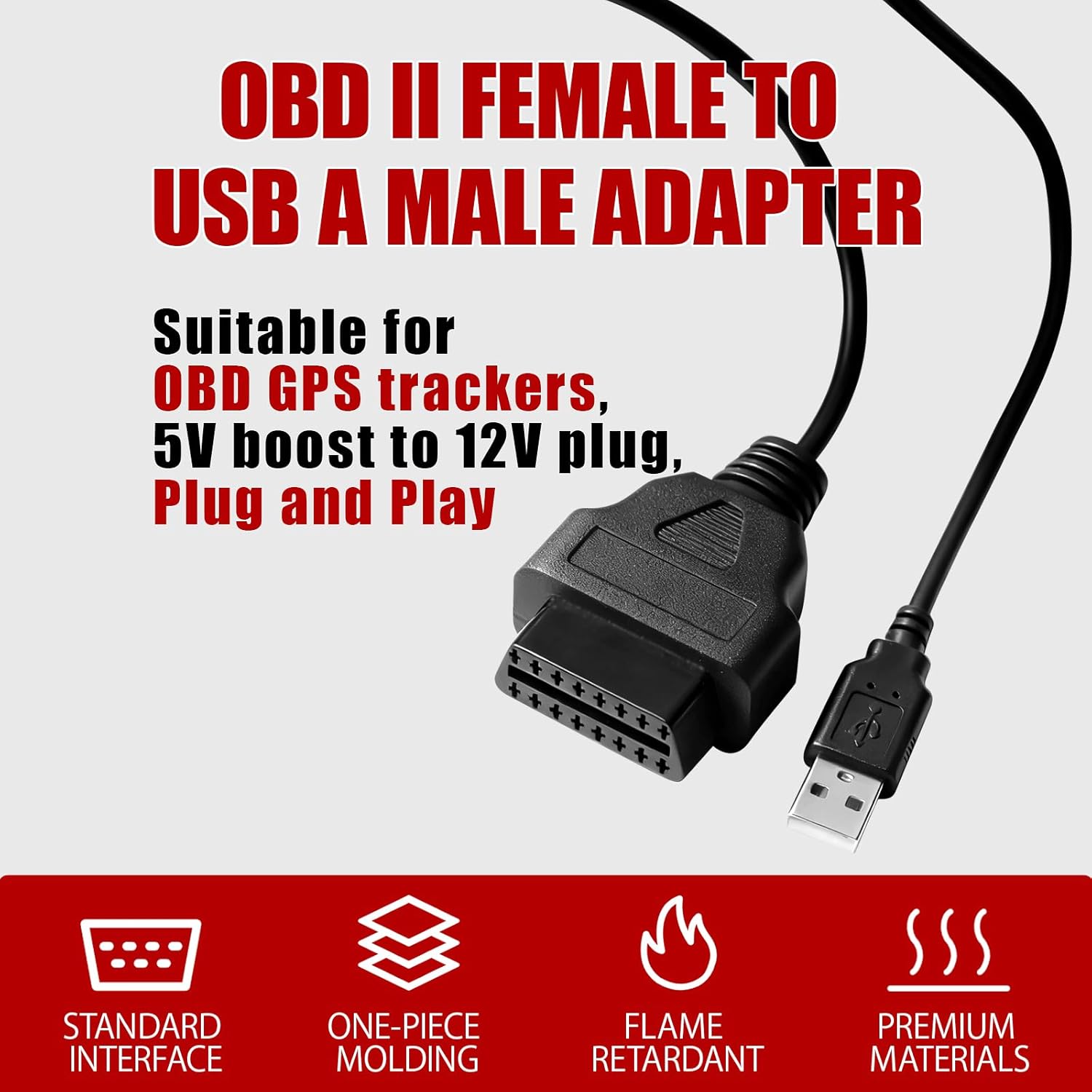 OBDII Female to USB A Male Power Cable, 5V to 12V Step-Up Adapter for OBD GPS Tracker Device, No Need to Plug into Car OBD Port Directly, Suitable for OBD2 GPS trackers, Plug and Play