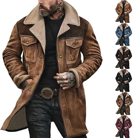 Mens Western Cowboy Vintage Suede Jacket Plush Collar Coats Faux Leather Winter Long Jackets Men Zip Up Casual Retro Tops