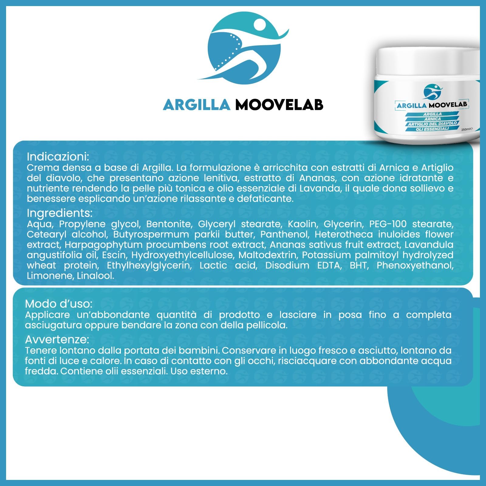 ARGILLA MOOVELAB Argilla Antinfiammatoria con Arnica, Artiglio del Diavolo e Oli Essenziali, Impacco per muscoli e articolazioni, Ideale per massaggio sportivo e recupero muscolare, 250 ml