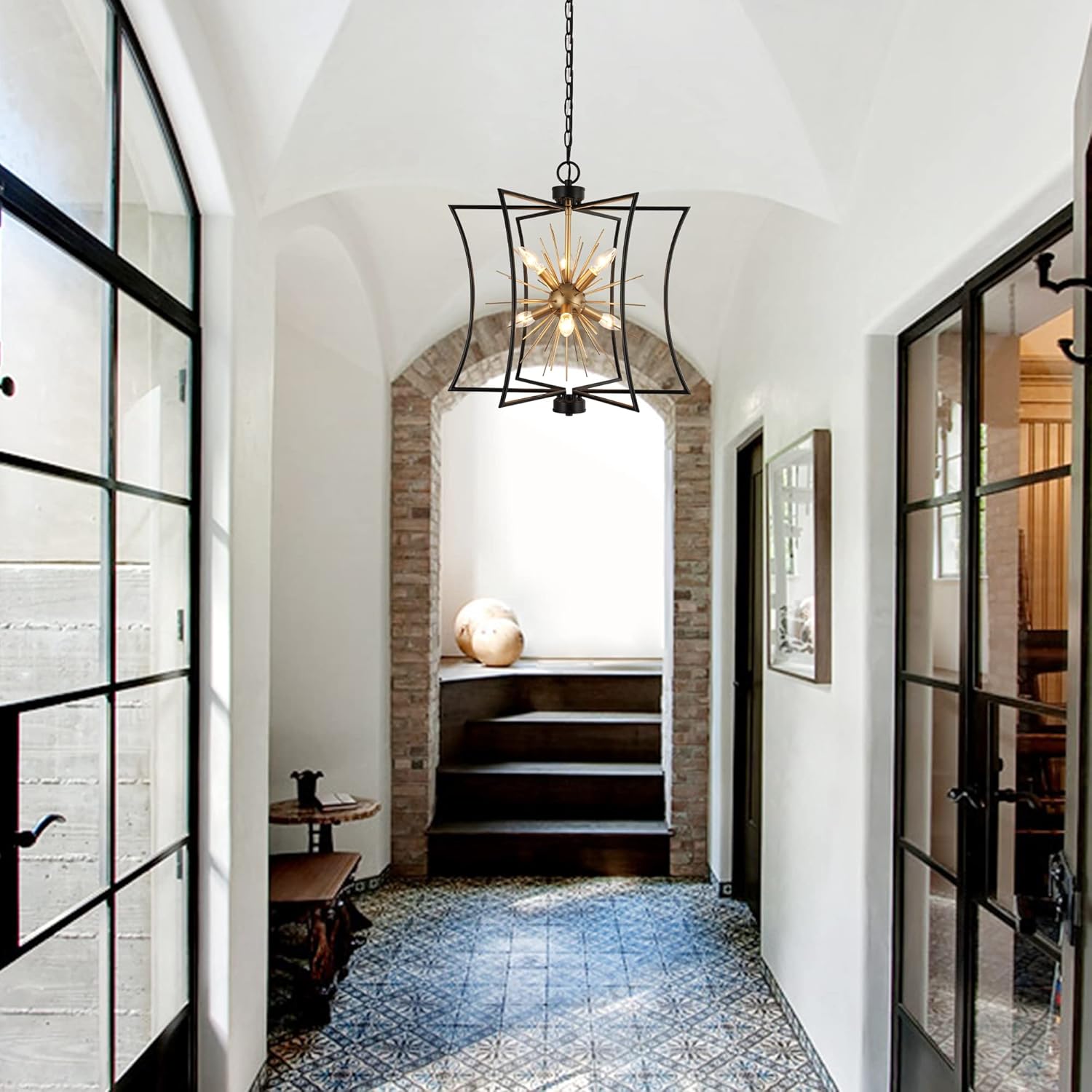 Durent Lighting Modern Black and Gold Chandelier, 6-Light Sputnik Pendant Chandelier Light Fixture with Starburst Design for Dining & Living Room, Bedroom, Kitchen, and Foyer