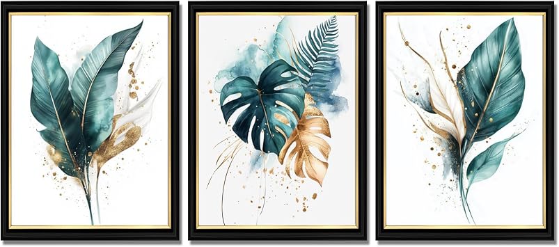 Derkymo Black Framed Wall Art Modern Botanical Wall Art Set 3 Piece Green and Gold Tropical Leaves Canvas Prints Monstera Palm Leaf Picture Artwork Easy to Hang12 x16 x3pcs