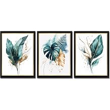Derkymo Black Framed Wall Art Modern Botanical Wall Art Set 3 Piece Green and Gold Tropical Leaves Canvas Prints Monstera Palm Leaf Picture Artwork Easy to Hang