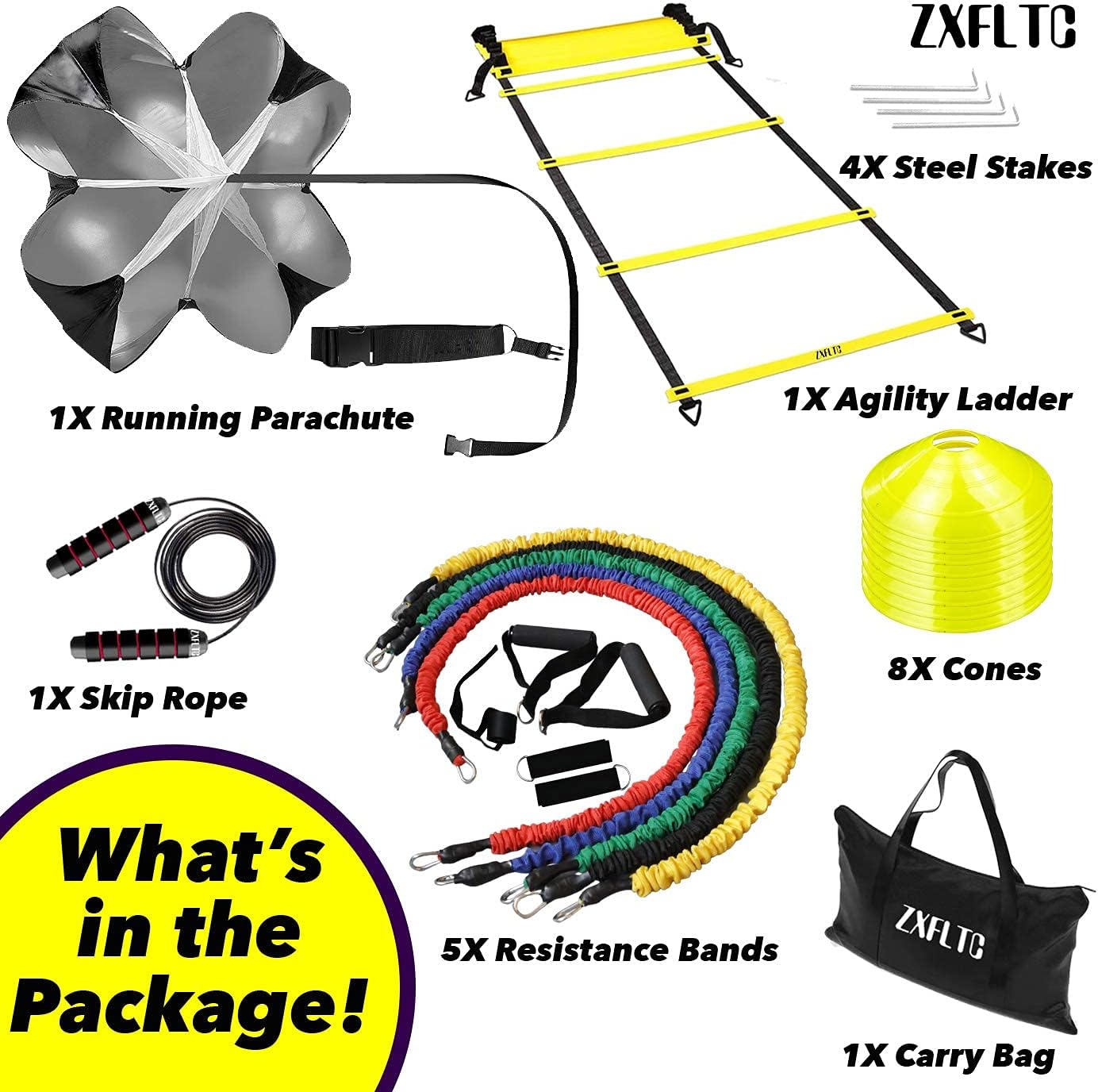 ZXFLTC Agility Ladder Speed Training Equipment-20 Feet Ladder,8 Disc Cones,5 Resistance Bands, Running Parachute, Skipping Rope-Boost Fitness,Improve Footwork in Soccer, Basketball, Football (Yellow) : Sports & Outdoors