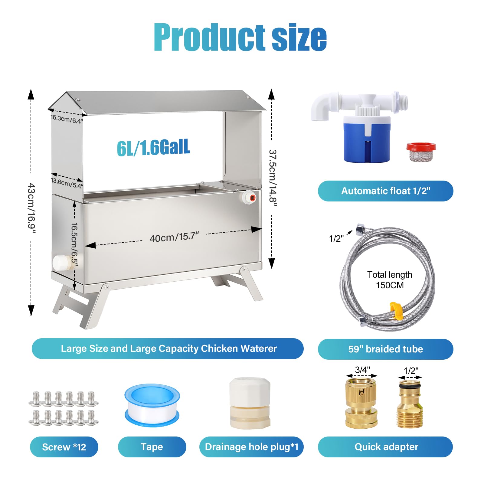 Bebedero automático para pollos de acero inoxidable 9L, dispensador automático de agua para pollos, pato, ganso, pavo, paloma, codorniz, con válvula de flotador y manguera de agua de 150 cm