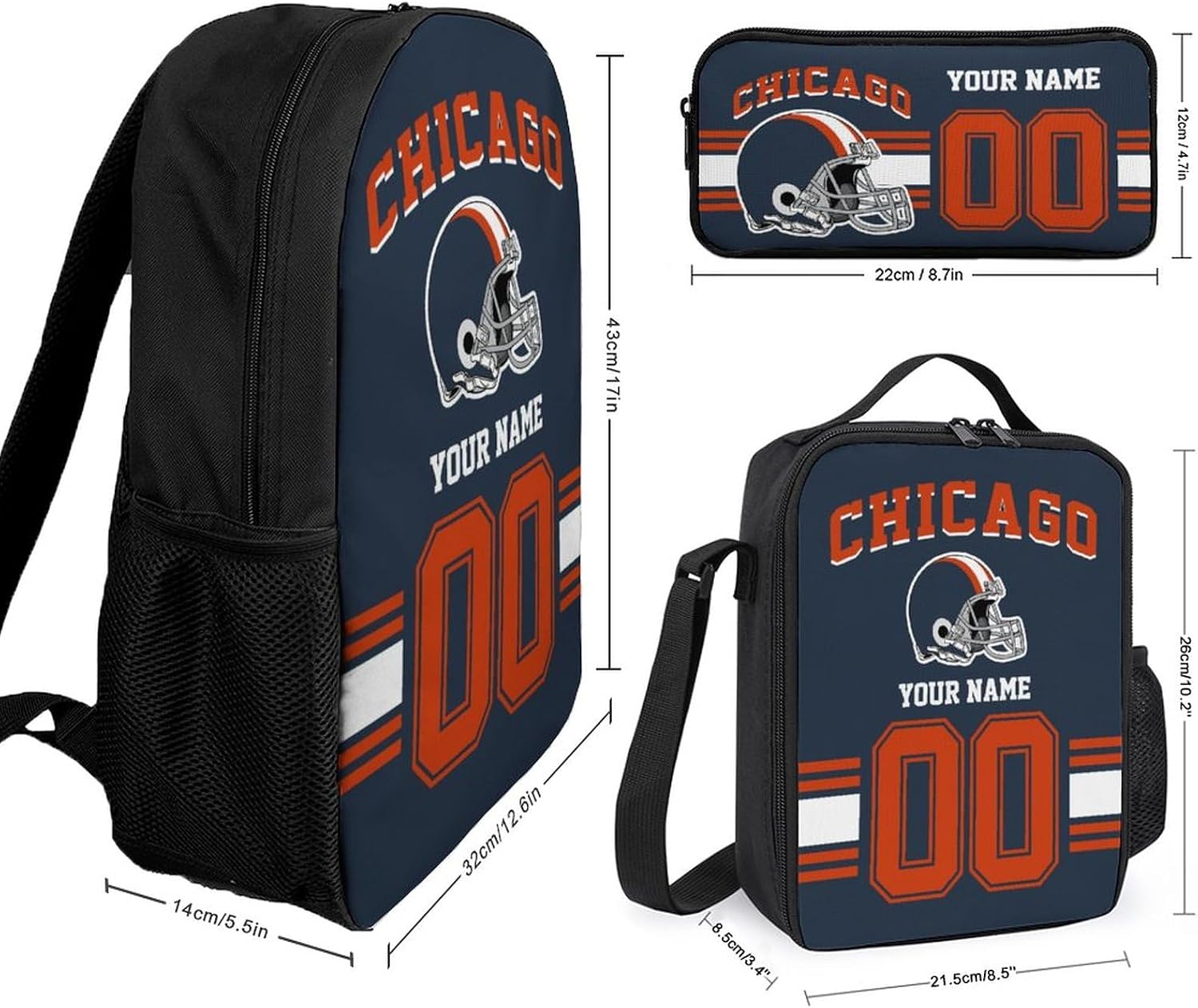 Custom Chicago Backpack with Lunch Bag Pencil Case, Personalized Name and Number Backpacks Pencil Box Lunch Bags, Customize 3pcs Set Gifts for Men Women Fans