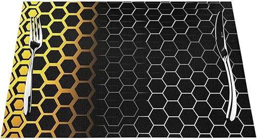 Miniatura 7 de Juego de 6 manteles individuales de PVC, diseño de rayas negras y panal de abeja, antideslizantes, 12 x 18 pulgadas, juego de manteles individuales