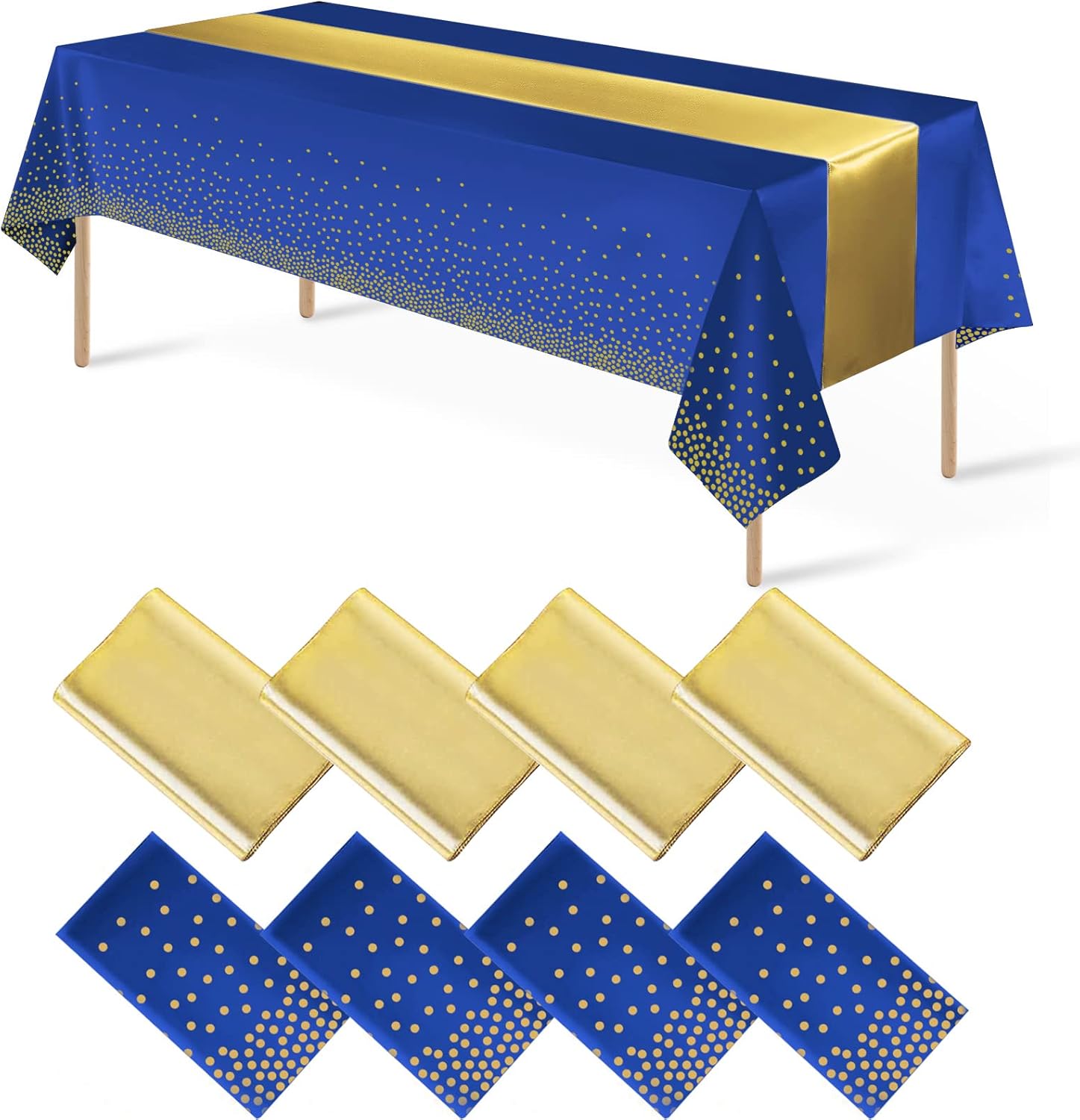 12Pack Disposable Plastic Tablecloths and Satin Table Runner Set Blue and Gold Dot Tablecloth Gold Satin Table Runner for Wedding Birthday Baby Shower Anniversary Christmas New Year Party Decorations