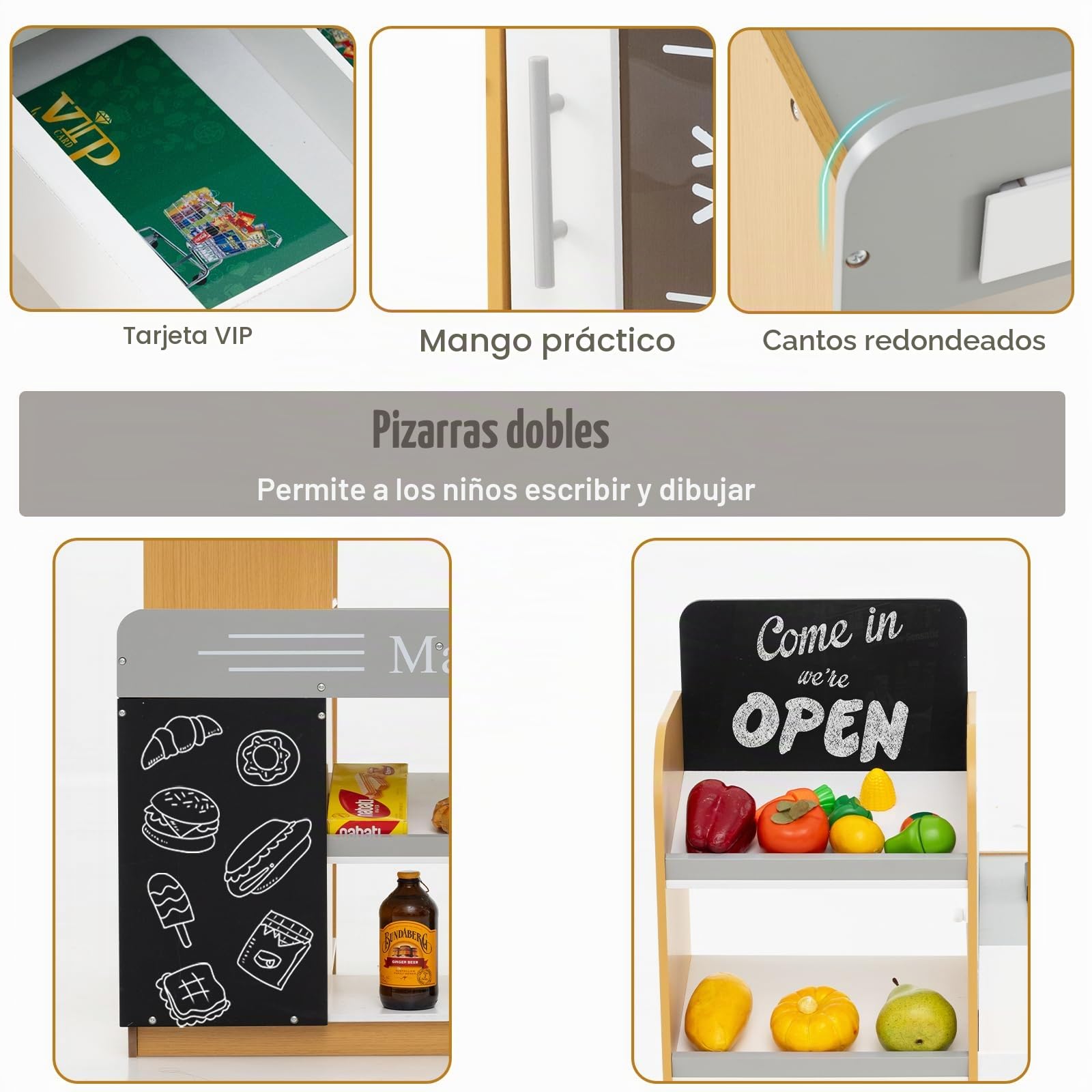 HOMASIS Juego de supermercado de Madera para niños, Tienda Infantil con Carrito, registradora y 2 pizarras, Puesto de Mercado Educativo, Juguete Creativo para niños de 3+ años, 80x60x35cm, Multicolor