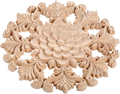 Miniatura 3 de MUXSAM Apliques de madera tallada en madera retro, calcomanías redondas de copo de nieve para armario, puerta, gabinete, cajón, pared, techo,