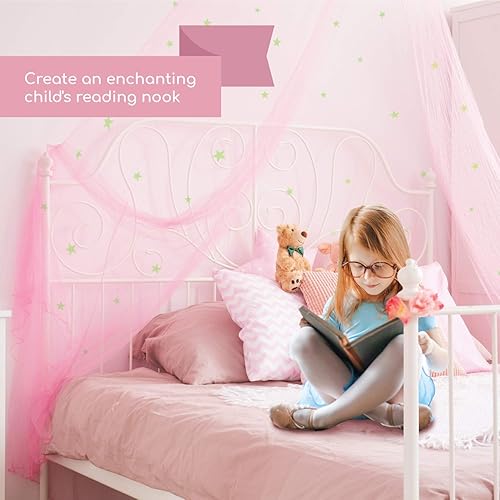 Miniatura 5 de Bollepo Toldo de cama arcoíris y rosa para niñas con unicornios + estrellas brillantes, decoración de habitación de red para cuna de princesa,