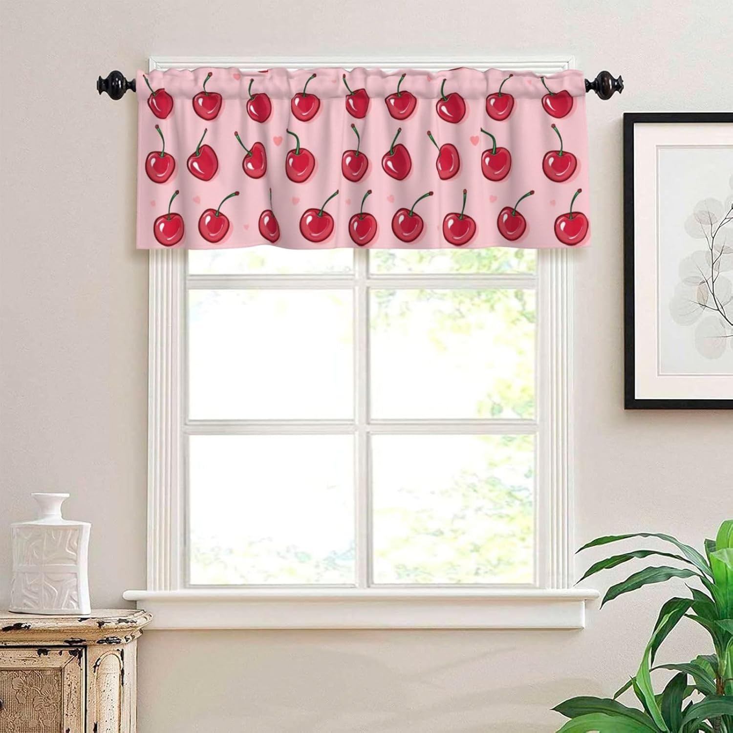 Valance for Windows Red Cherry Heart Kitchen Curtains Valances Rod Pocket Window Treatment Short Topper Curtains for Living Room Bedroom Bathroom 1 Panel 54x18 Inch