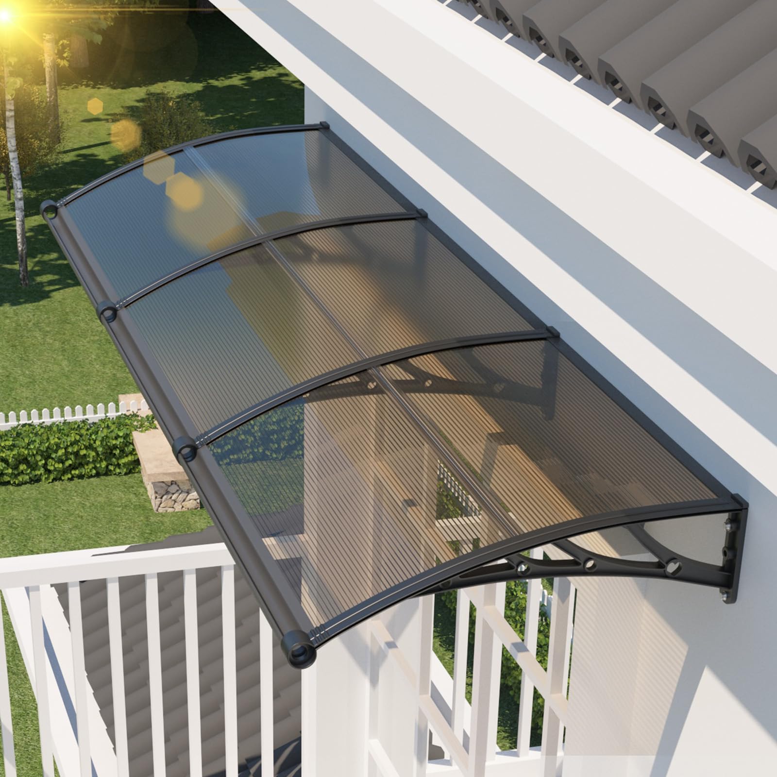 Photo 1 of JYJNHOME 48×120 Inch Awning for Door Entrance,Polycarbonate Window Canopy Exterior with Drainage,UV/Rain/Snow/Sun Protection Spliced Overdoor Shelter Awnings for Outside,Patio,Porch,Deck,House Outdoor