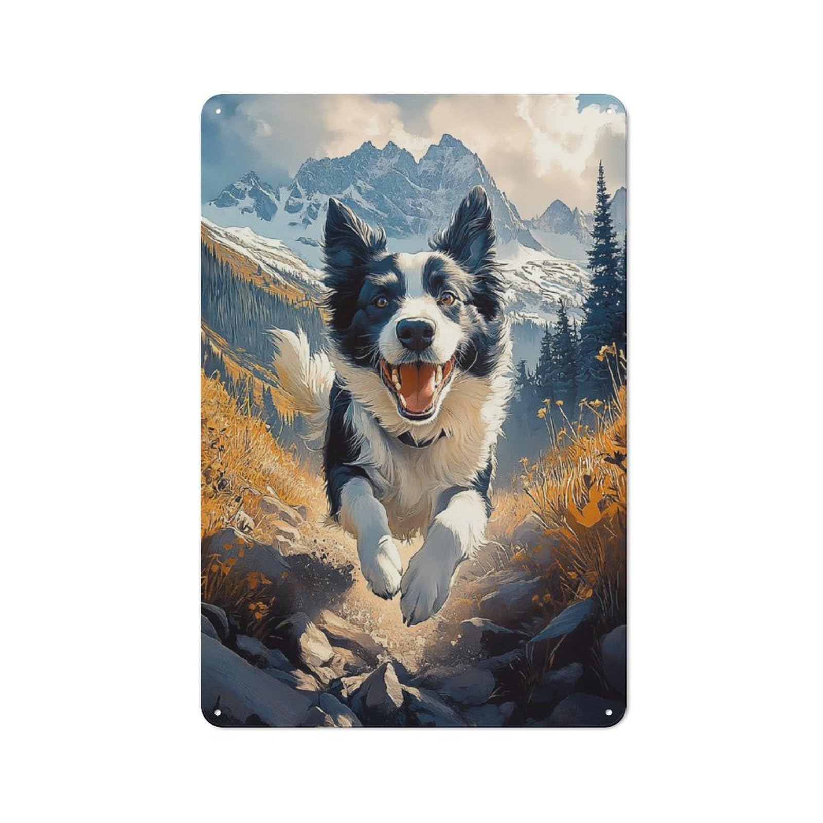 Junmoney Style-24 Tin Wall Plaque 30X20cm With Border Collie Mountain Run For Home Office Or Studio, For Garage, Workshop And Man Cave Decoration