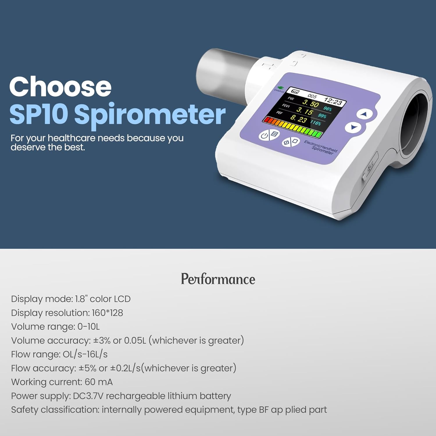 MEDILMA® Digital Spirometer SP10 with LCD Display, Lung Function Test Device, FVC FEV1 PEF Measurement, Rechargeable MEDILMA® Digital Spirometer SP10 with LCD Display, Lung Function Test Device, FVC FEV1 PEF Measurement, Rechargeable
