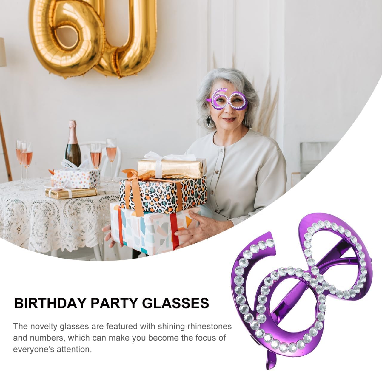 SHOWERORO 60Th Birthday Glasses for Adults Rhinestone Number Eyewear Funny Party Photo Booth Prop Lightweight Birthday Party Glasses for Anniversary Celebrations and Costume Accessories image 3