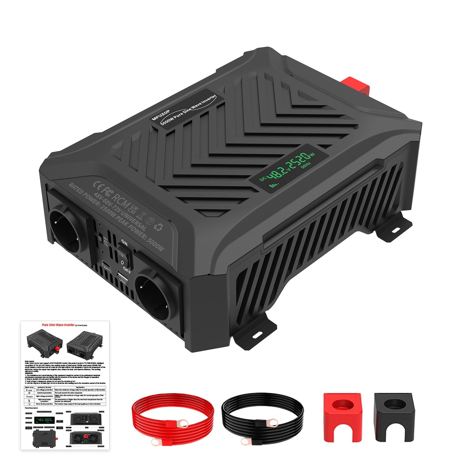 MFUZOP Power Inverter 48V/60V/72V a 230V Onda Pura 2500W/5000W, Convertitore di Tensione con Sistema di Rilevamento Intelligente, Ingresso Regolabile, Display LCD, 2 AC, 1 Type-C, 1 USB 5V 2.1A