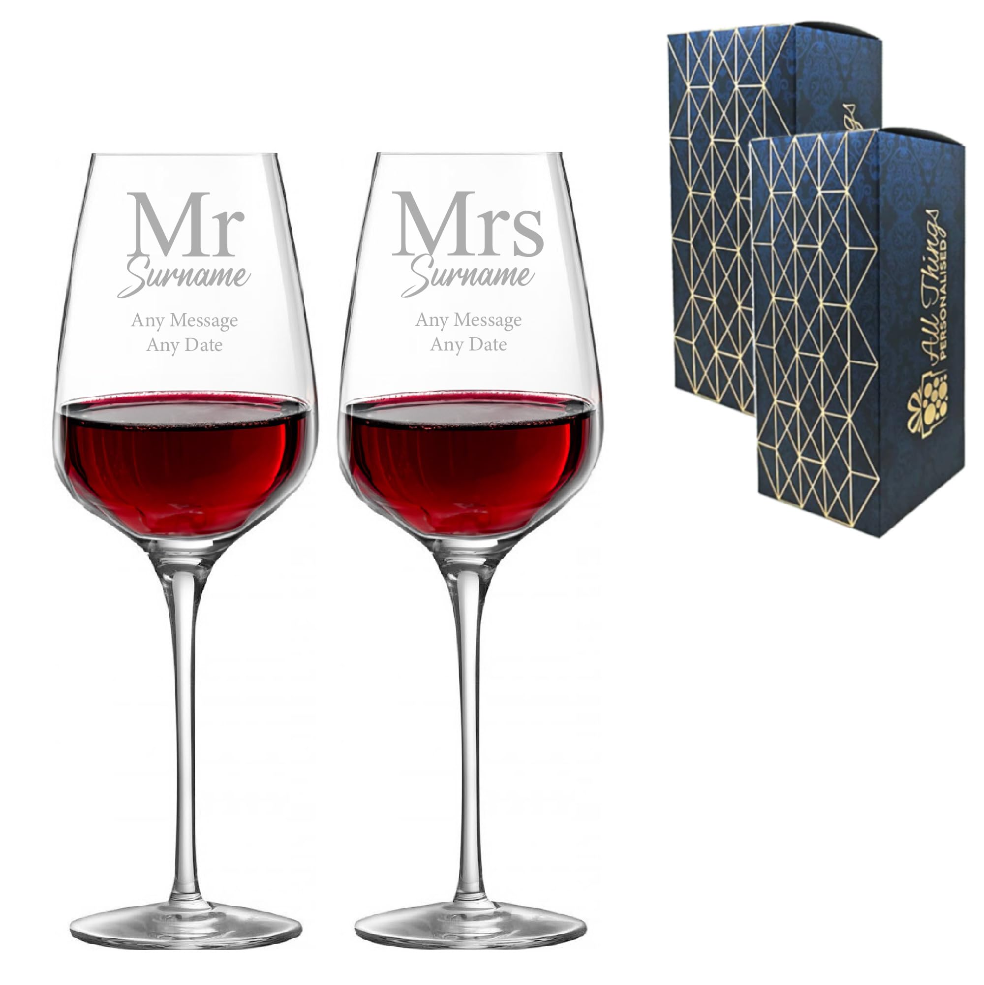 Juego de copas de vino grabadas personalizadas, en caja de regalo, regalo de aniversario o boda, dos vino Sublym de 450 ml, diseño clásico de fuente, grabado en el Reino Unido