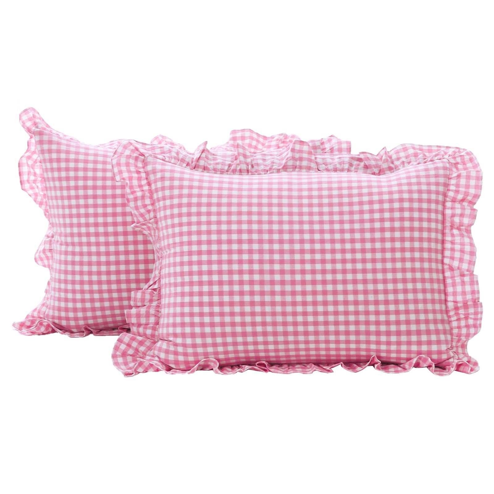 K MASANIJI 2 Pack Plaid Ruffle Standard Pillow Covers 20x26 inches, Washed Cotton Pink and White Checkered Pillow Shams for Bed/Sofa