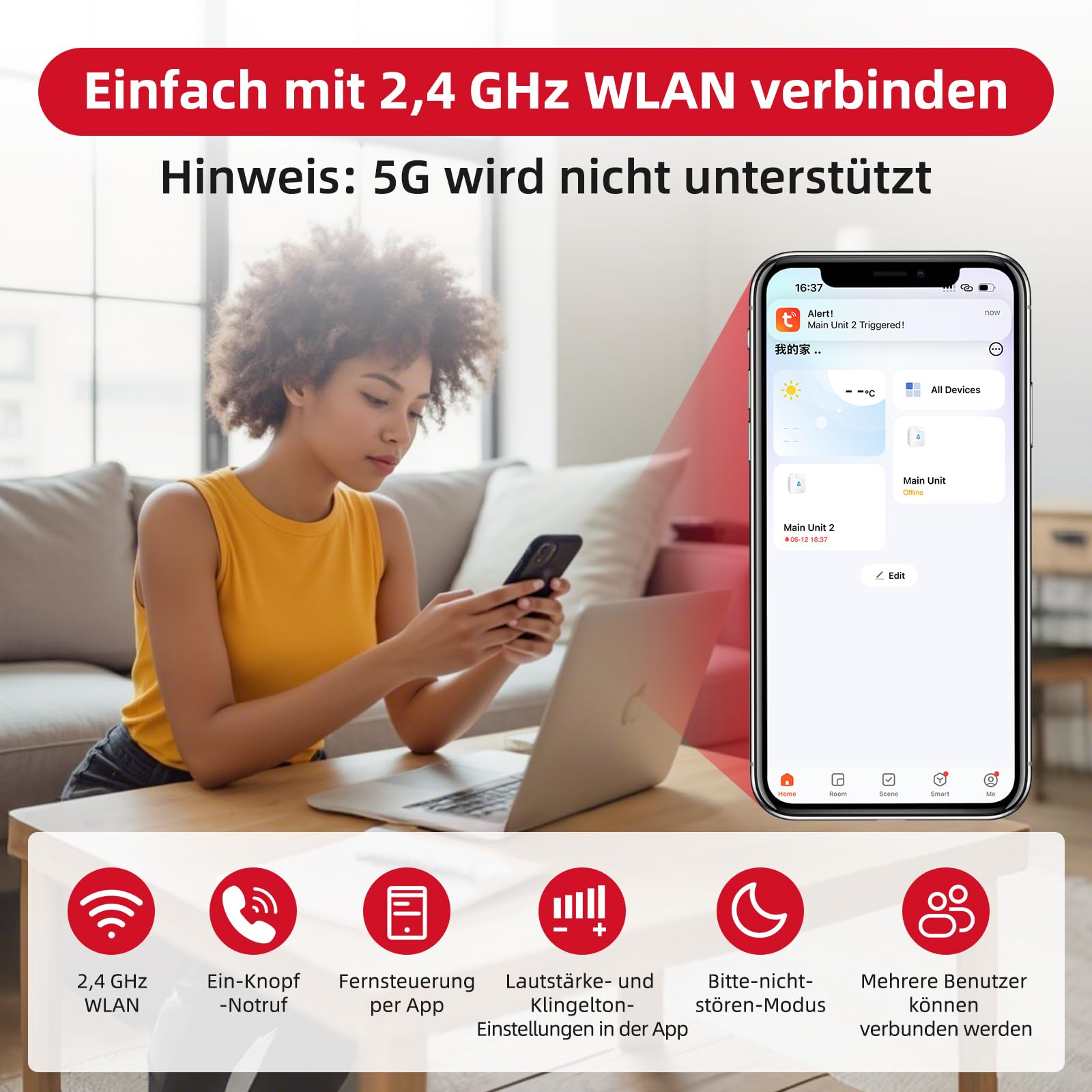 CallToU WiFi Tuya Smart Notfallknopf für Senioren,tragbares Notfallarmband Notrufknopf für Senioren,Hausnotruf mit 1 Notfallknopf,1 Armband,1 Empfänger für Senioren,Behinderte,Kinder