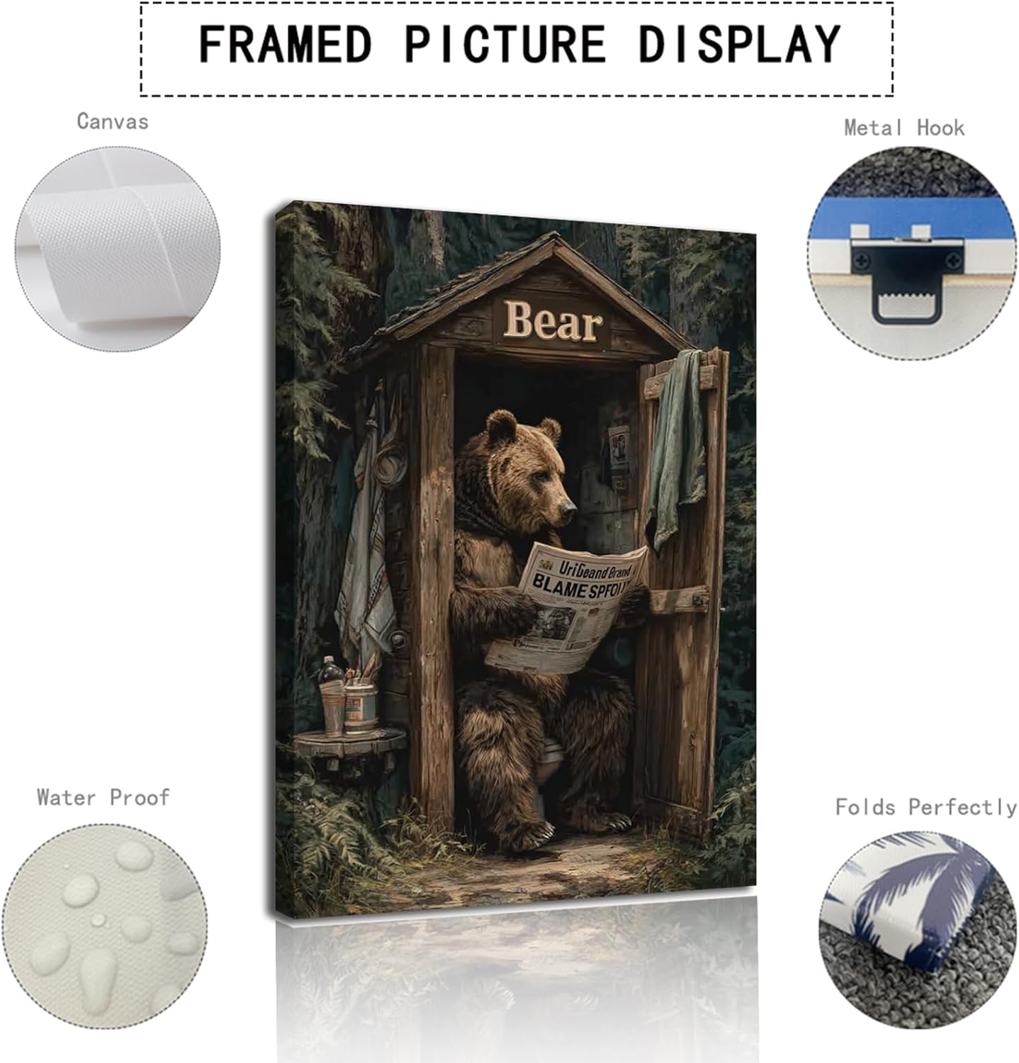 BAOYILONG Cabin Bathroom Canvas Wall Art Bear Reading Newspaper in Outhouse Toilet Rustic Wildlife Picture Poster Wall Decor Prints Painting Framed Artwork (WE60-2, 16.00L x 24.00W, Framed)